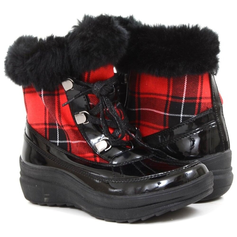 Anne Klein Gayla Red Plaid Faux Fur Mid-Calf Fabric Snow Boot Women's Size 5.5